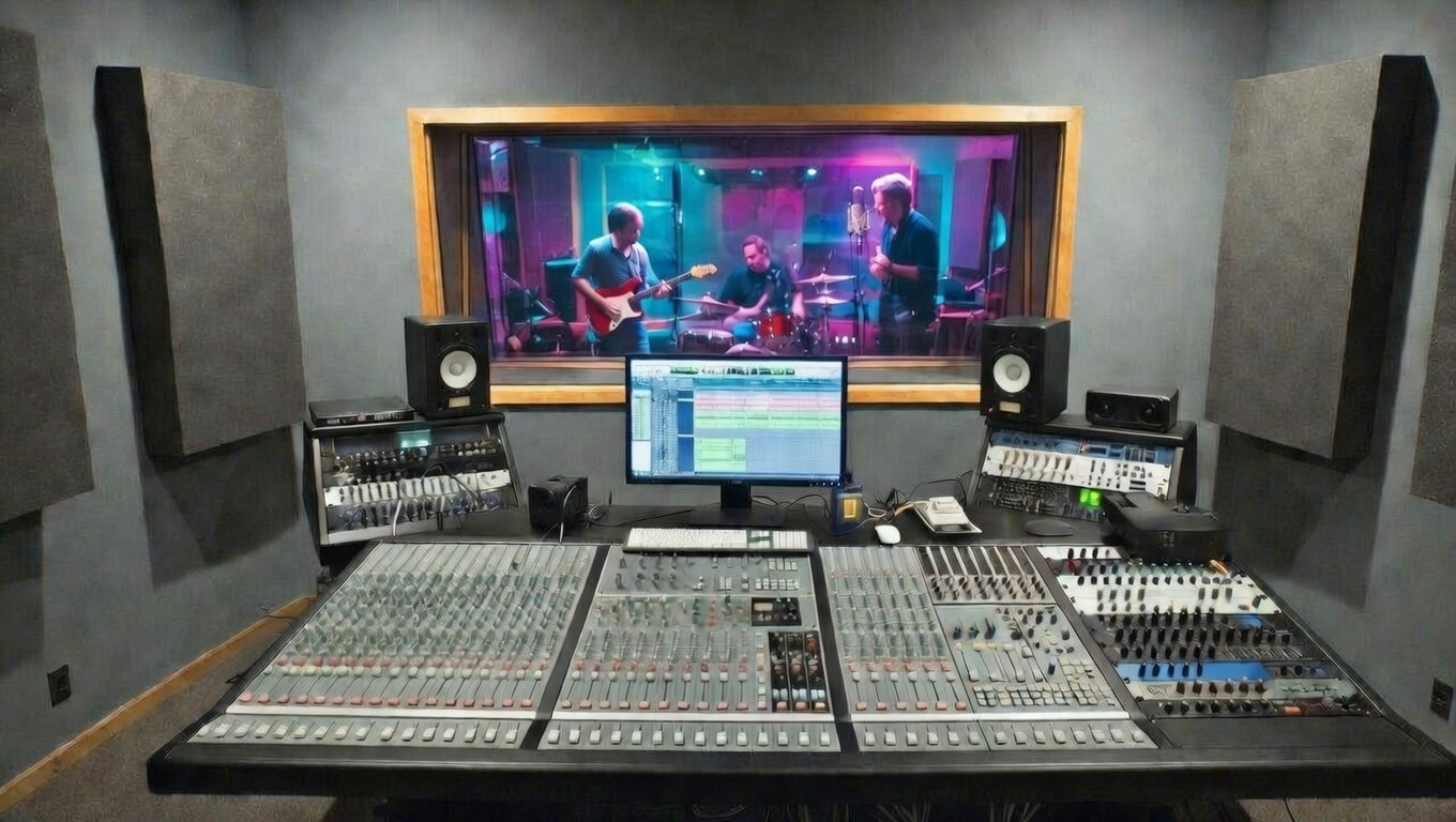 Neon-lit colorful recording booth with band in session